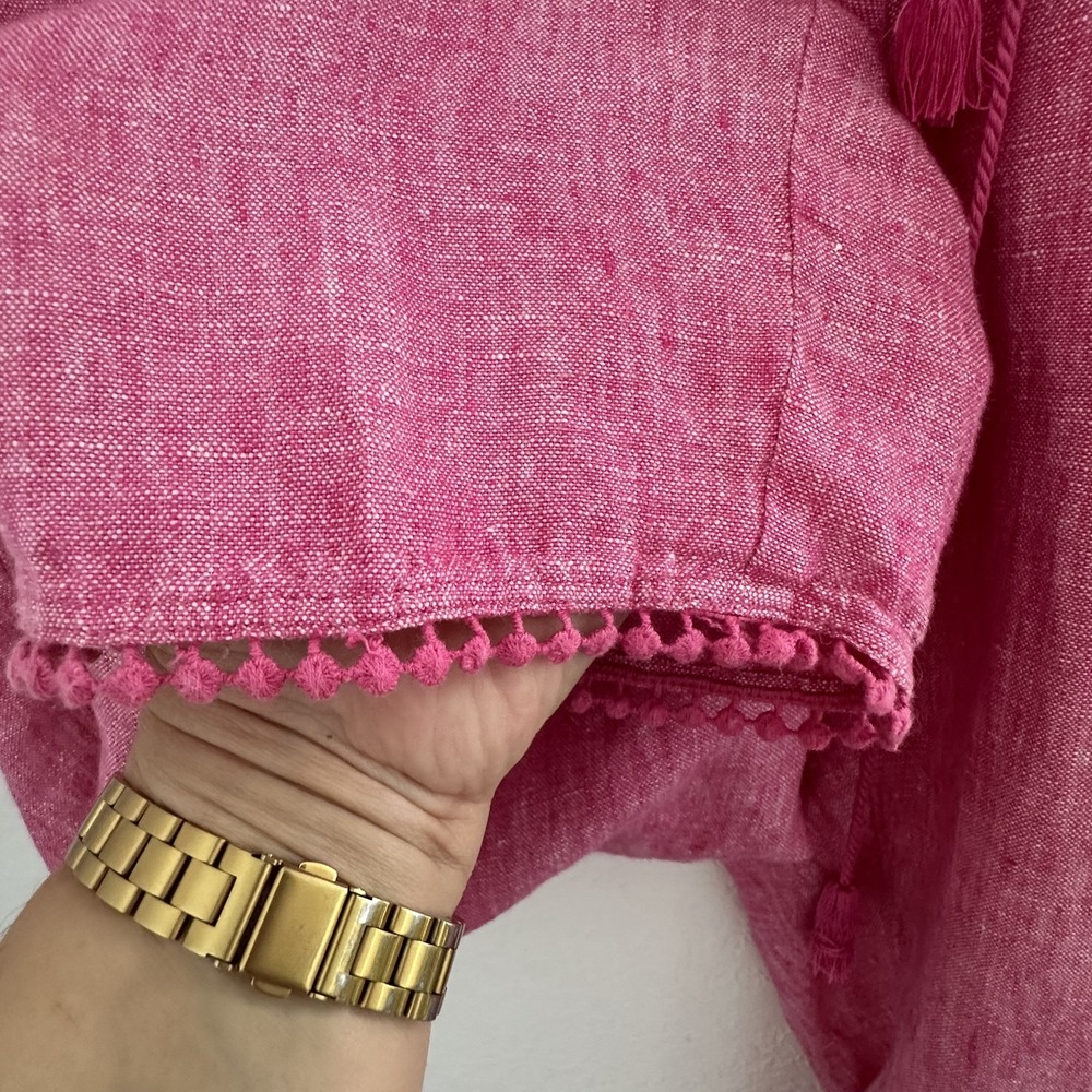 Talbots Coastal Resort Granny 100% Linen Pink Cropped Pants Sz. 12 Pom Pom Trim‎ - Picture 11 of 13